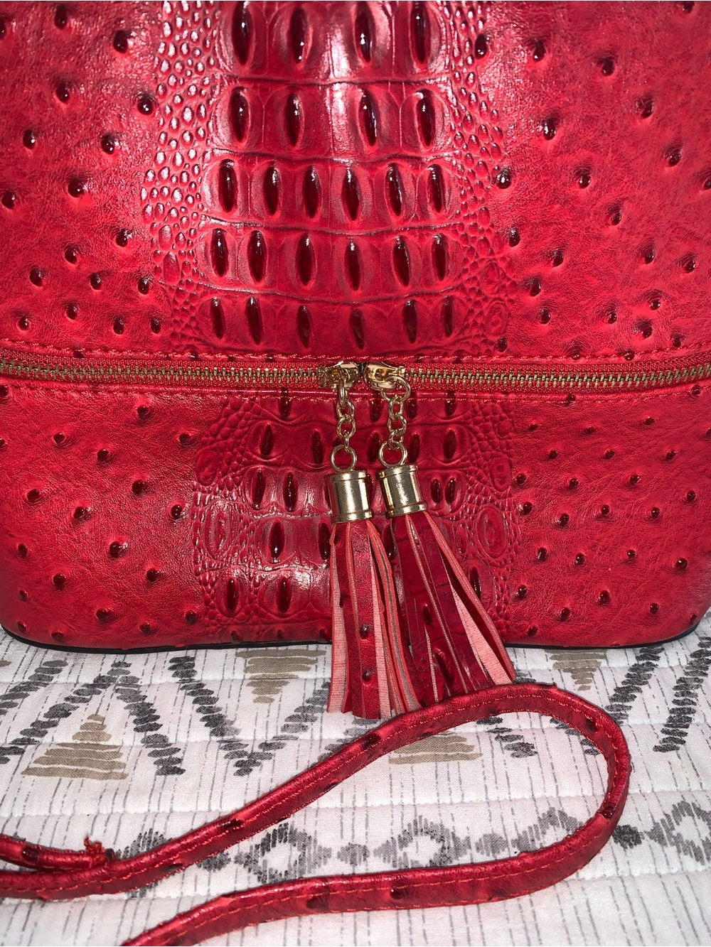 Chic Red Embossed Tassel Crossbody Bag - Picture 3 of 11